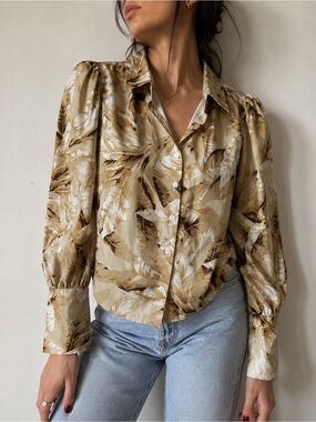 Kaimilan Tan Khaki Palm Print Puff Sleeve Button Up Shirt Size 4 Tropical Boho